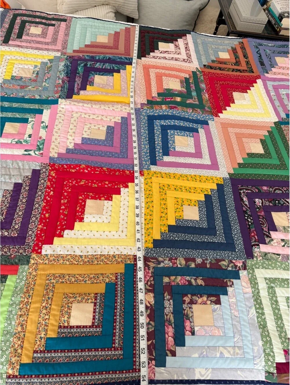 Handmade Log Cabin Quilt Vintage Patchwork Colorful Cotton Throw 54
